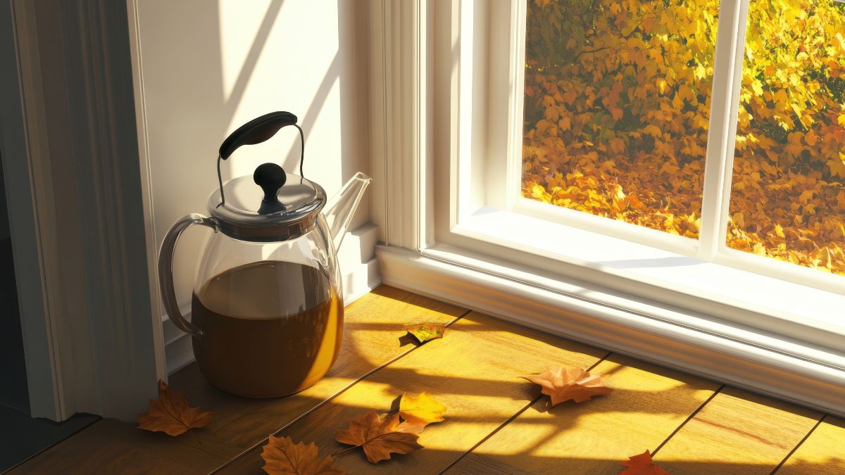 Egy üveg teáskanna áll a padlón, mellette őszi falevelek, a napfény átsüt a szobán.