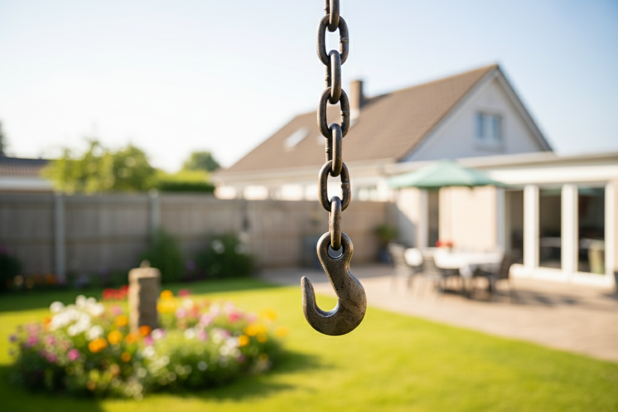 Egy emelőlánc kampója lóg a kertben, virágokkal körülvéve.