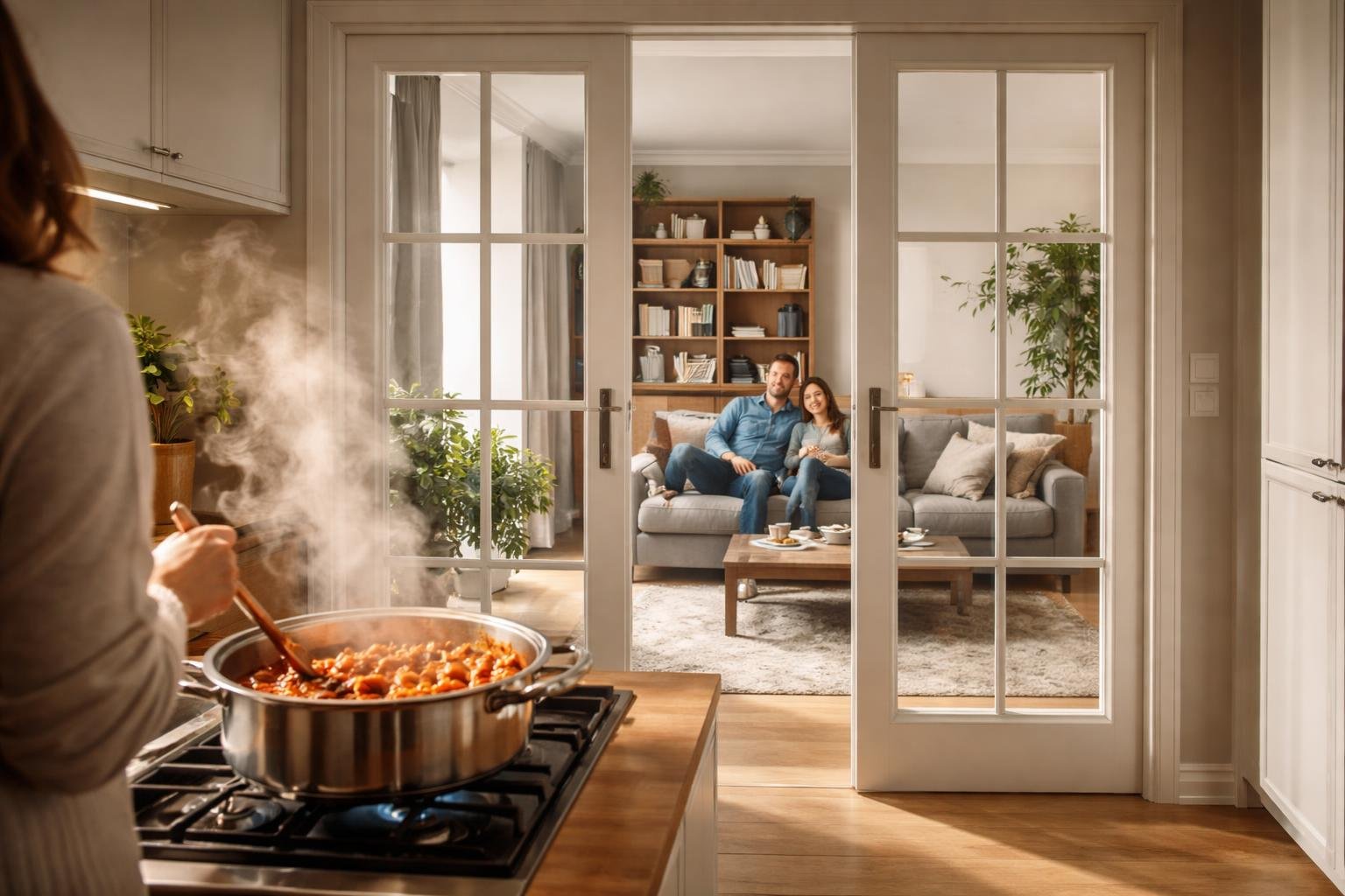 Egy nő főz egy gőzölgő pörköltet egy modern konyhában, a háttérben egy pár ül a kanapén.