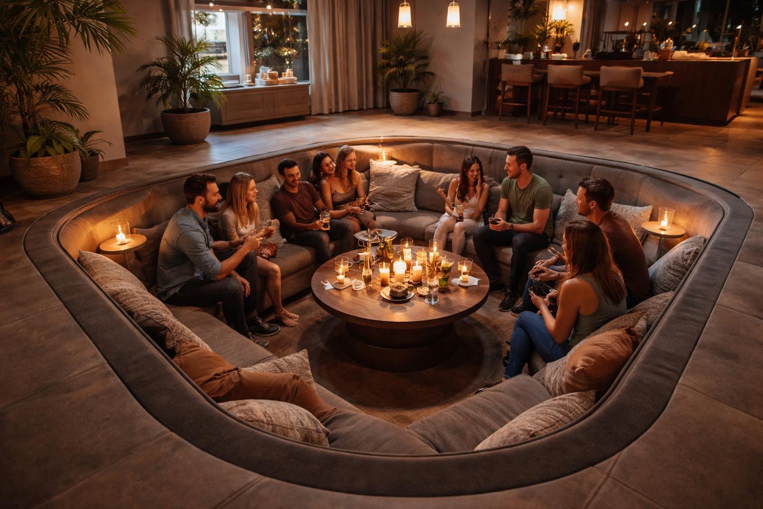 Egy baráti társaság ül egy kényelmes, kerek kanapén, italokkal és gyertyákkal körülvéve.