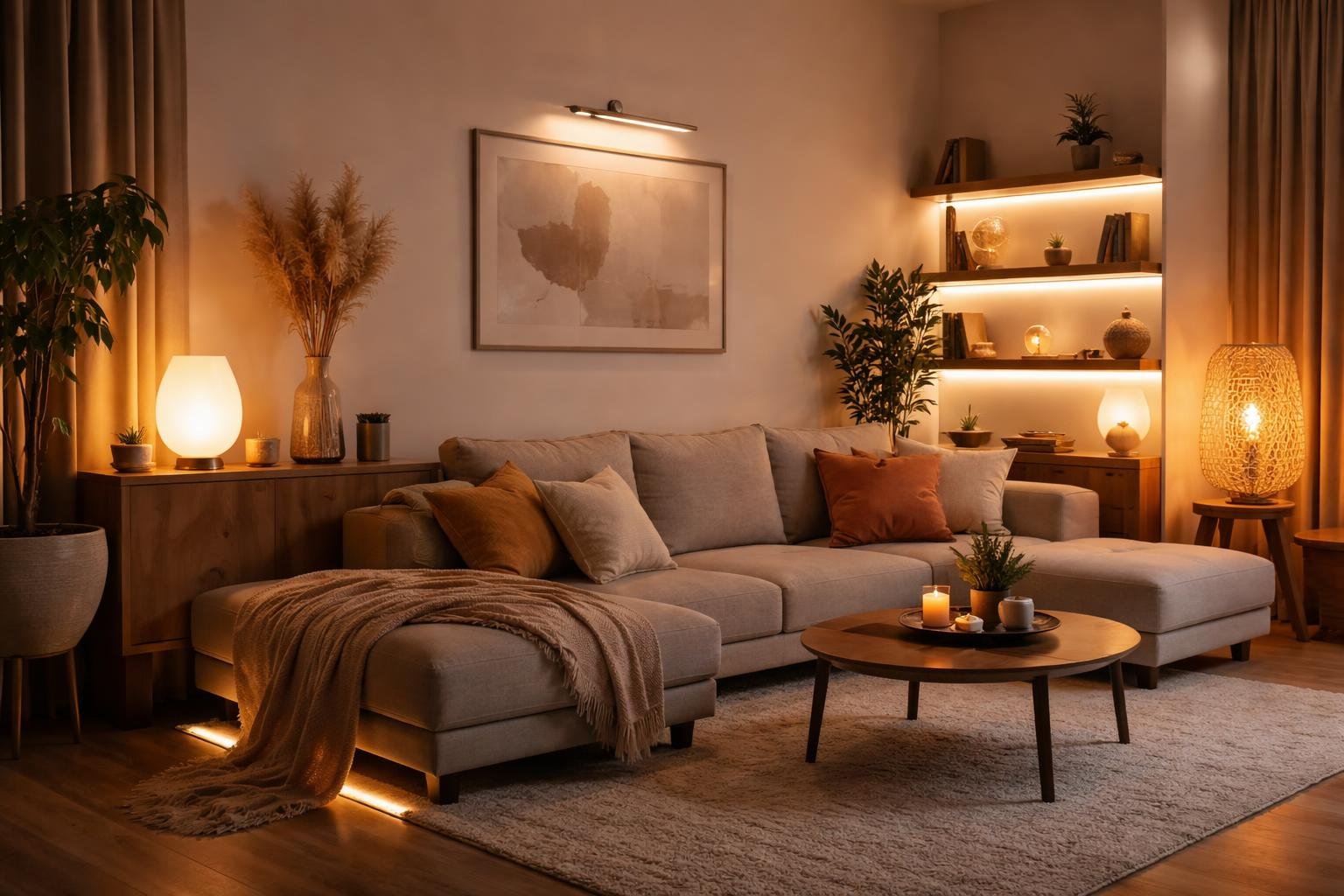 Meleg fényű hangulatvilágítás egy modern nappaliban, kényelmes kanapéval.