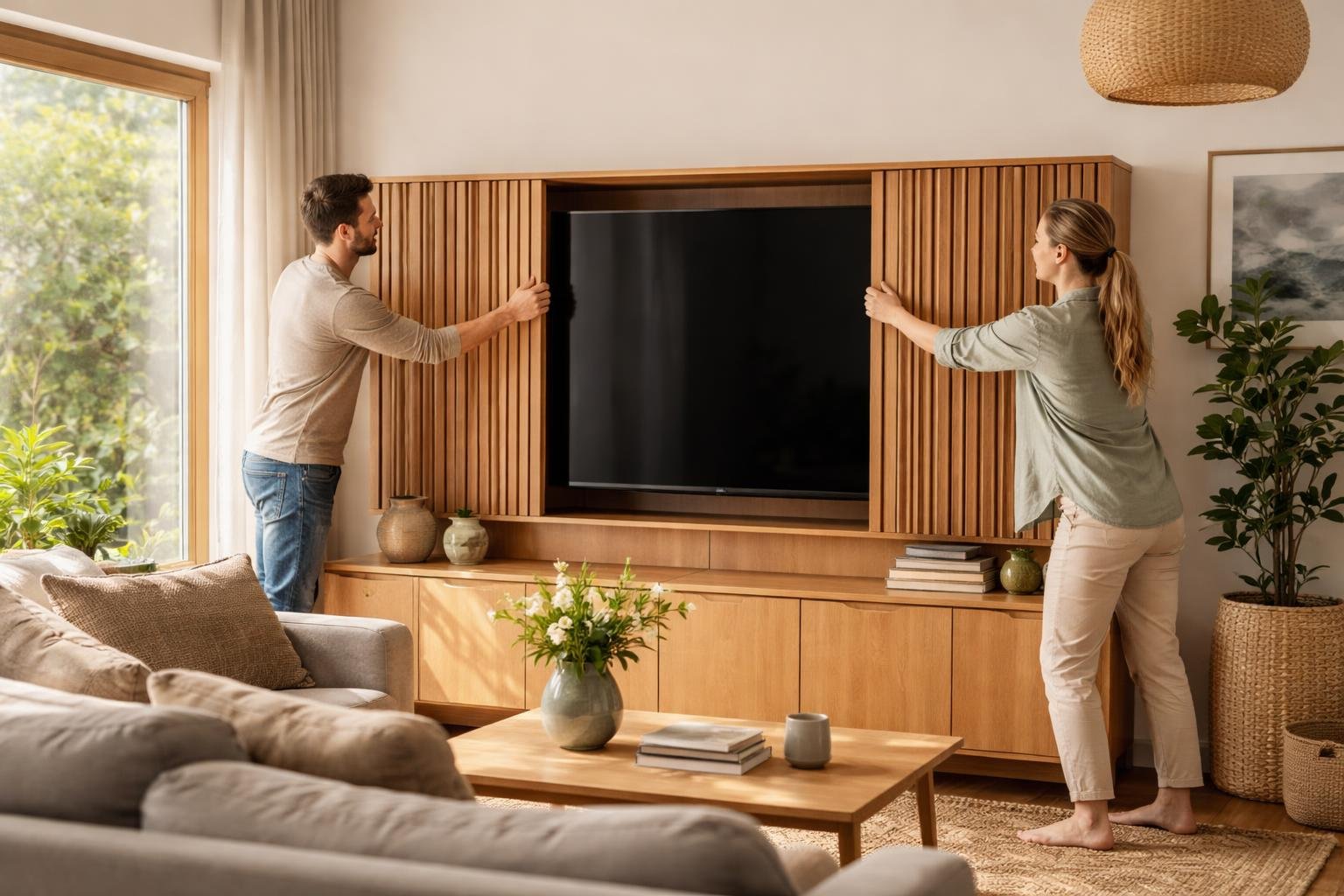 Egy pár éppen egy modern bútor mögé rejti a televíziót a nappaliban.