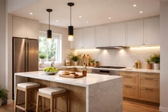 Modern konyhai világítás, amely kombinálja a funkcionális és hangulatos elemeket.