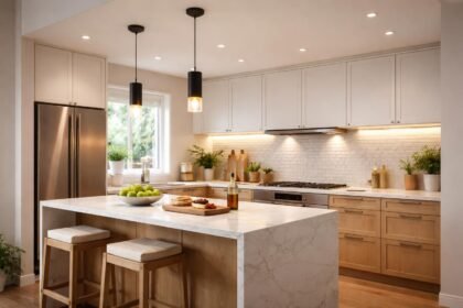 Modern konyhai világítás, amely kombinálja a funkcionális és hangulatos elemeket.