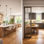 Modern stílusú amerikai konyha és zárt étkező összehasonlítása.