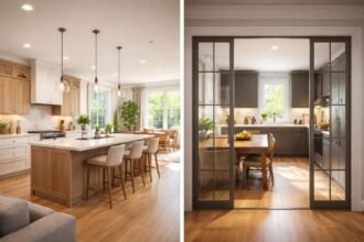 Modern stílusú amerikai konyha és zárt étkező összehasonlítása.