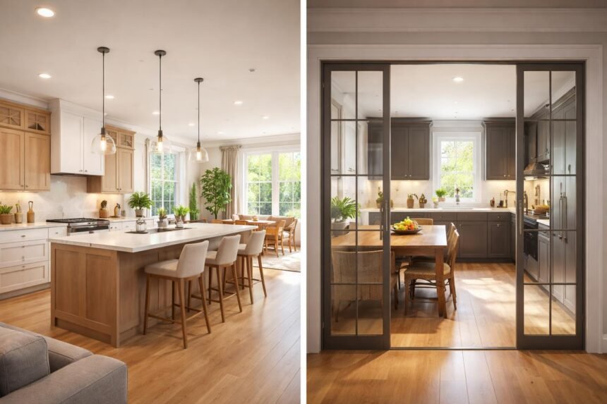 Modern stílusú amerikai konyha és zárt étkező összehasonlítása.