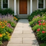 Színes virágokkal szegélyezett kerti ösvény és bejárati ajtó