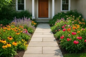 Színes virágokkal szegélyezett kerti ösvény és bejárati ajtó