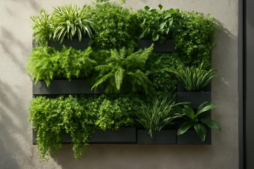 Függőleges kert zöld növényekkel falra szerelve
