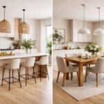 Modern konyhasziget és étkezőasztal otthoni környezetben.