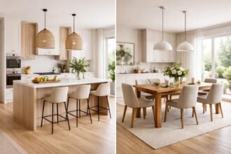 Modern konyhasziget és étkezőasztal otthoni környezetben.