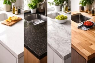 Különböző munkapult anyagok, mint gránit, kvarc, tömörfa és laminált