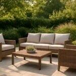 Kényelmes és időjárásálló kerti bútorok a teraszon.