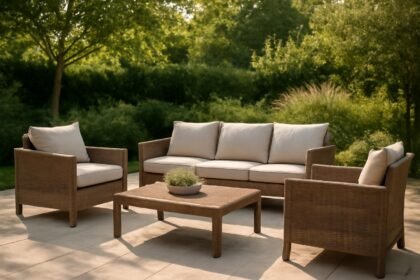 Kényelmes és időjárásálló kerti bútorok a teraszon.