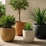 Stílusos kaspók és növények a teraszon