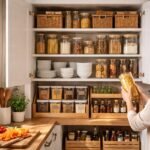 Rendezett konyhaszekrény különböző tárolóedényekkel és zöld növényekkel.