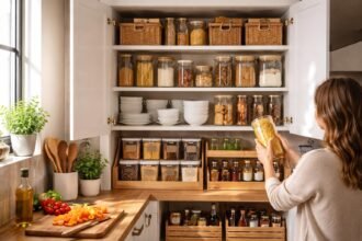 Rendezett konyhaszekrény különböző tárolóedényekkel és zöld növényekkel.