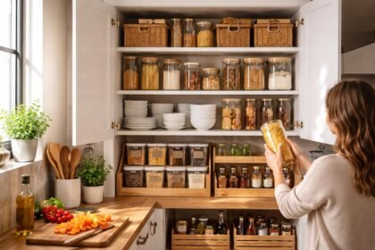 Rendezett konyhaszekrény különböző tárolóedényekkel és zöld növényekkel.