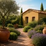 Mediterrán stílusú kert olajfákkal és levendulával.