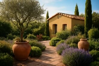 Mediterrán stílusú kert olajfákkal és levendulával.