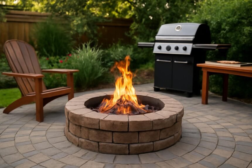 Tűzrakóhely és grillező sarok a kertben, baráti összejövetelhez.