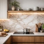 Modern konyhai hátfal üvegből és pult fölötti világítással