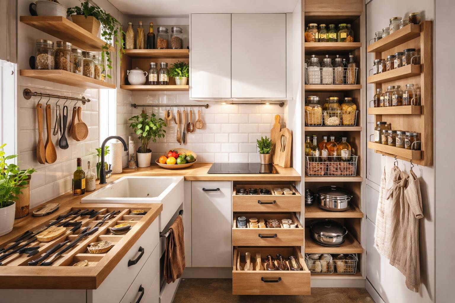 Kis konyha okos tárolási megoldásokkal, fali polcokkal és rendezett fiókokkal.