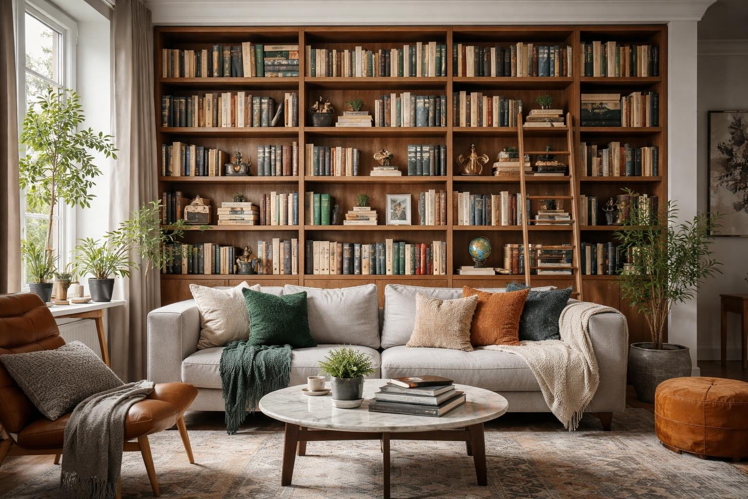 Modern nappali könyvespolccal, kényelmes kanapéval és növényekkel.