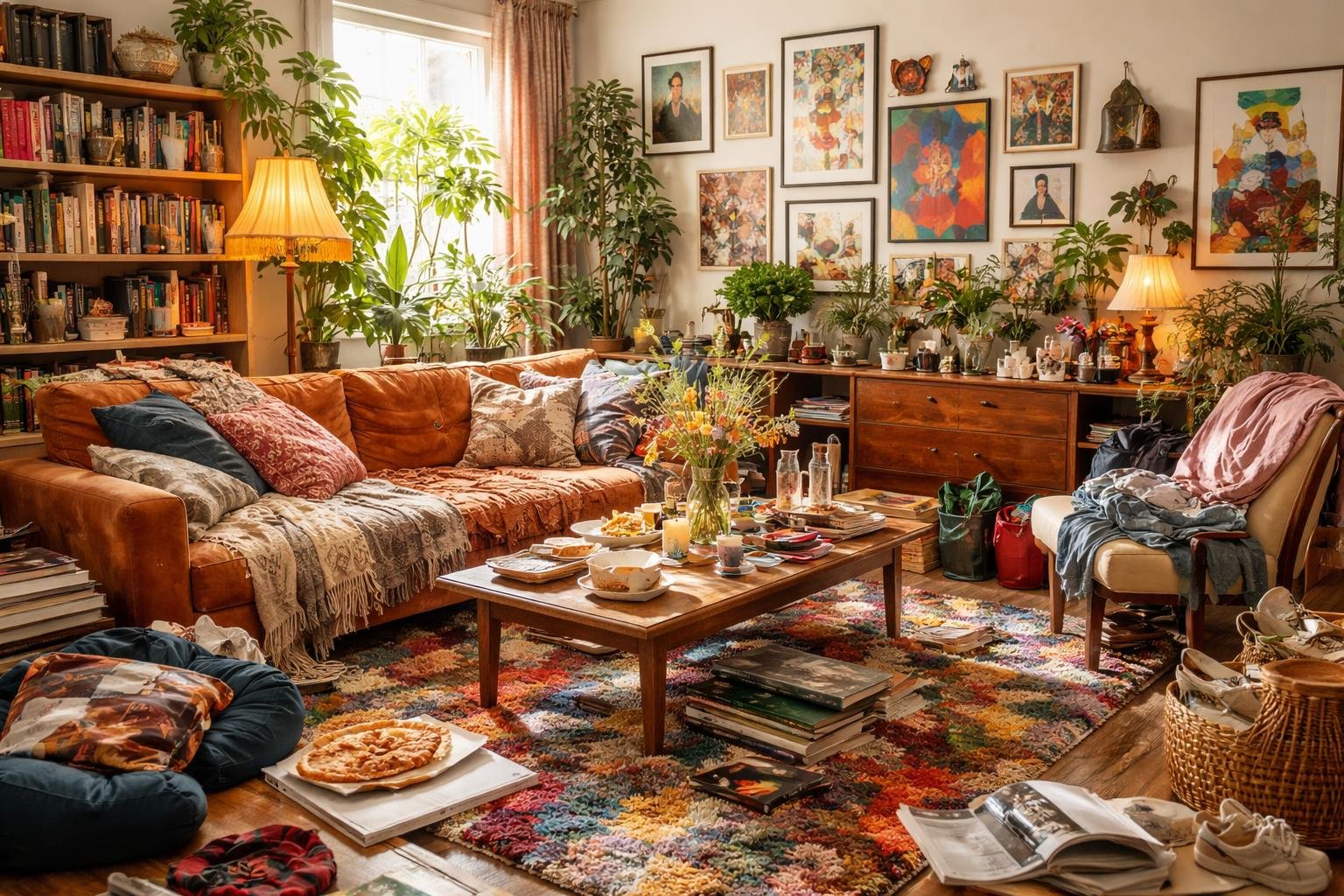 Egy otthonos nappali, tele növényekkel, színes szőnyeggel és rendetlen, de barátságos elrendezéssel.