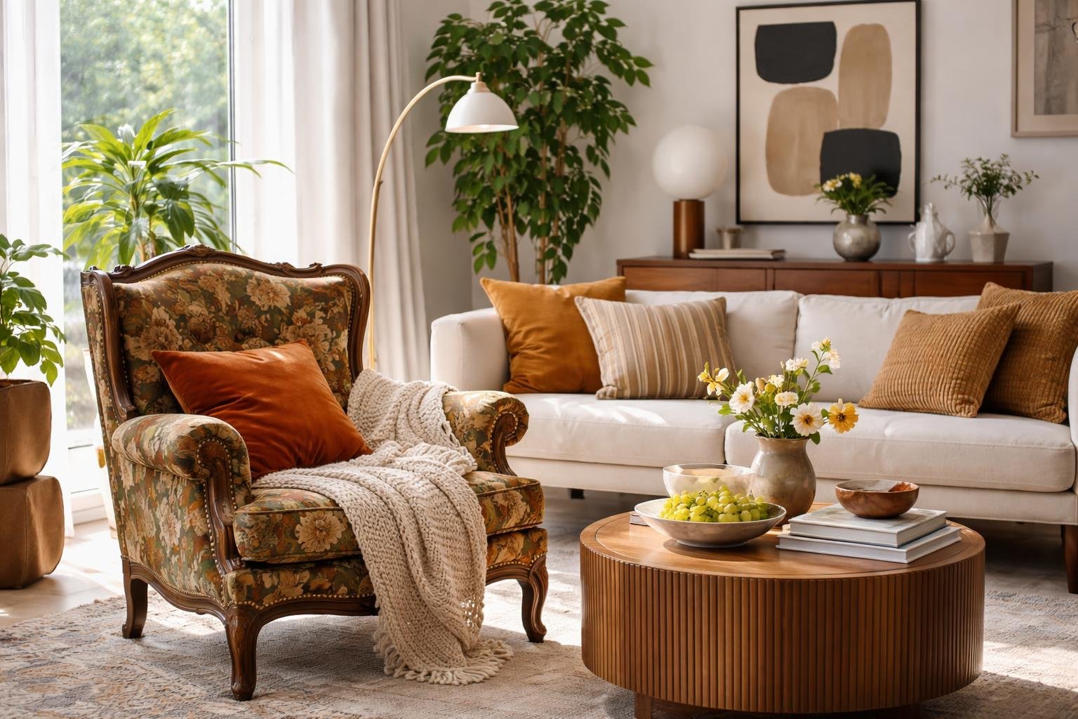 Egy vintage fotel, puha takaróval és díszpárnával, modern nappaliban.