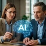 Két üzleti szakértő az MI stratégiáról beszélget, a háttérben AI grafika.