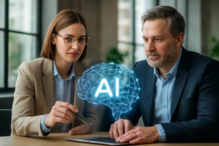 Két üzleti szakértő az MI stratégiáról beszélget, a háttérben AI grafika.