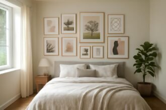 Képgaléria a hálószoba falán, emlékek és művészi nyomatok.