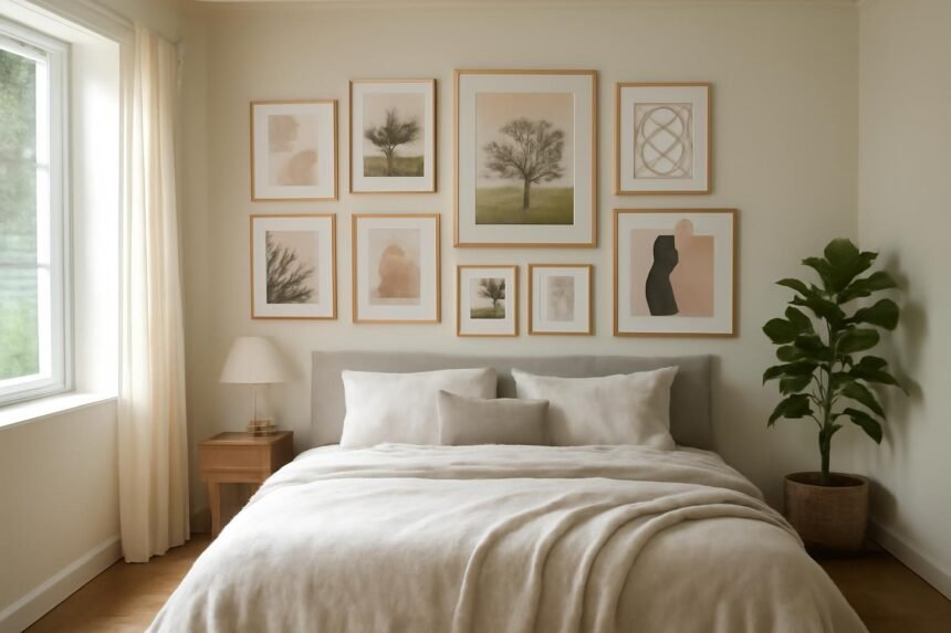 Képgaléria a hálószoba falán, emlékek és művészi nyomatok.