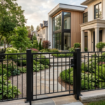 Modern kerítés és kert a városi ház előtt, otthon dekoráció