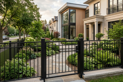 Modern kerítés és kert a városi ház előtt, otthon dekoráció