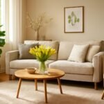 Tavaszi dekorációs ötletek egy világos nappaliban friss virágokkal.