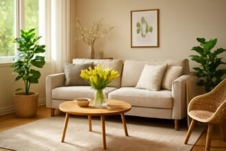 Tavaszi dekorációs ötletek egy világos nappaliban friss virágokkal.