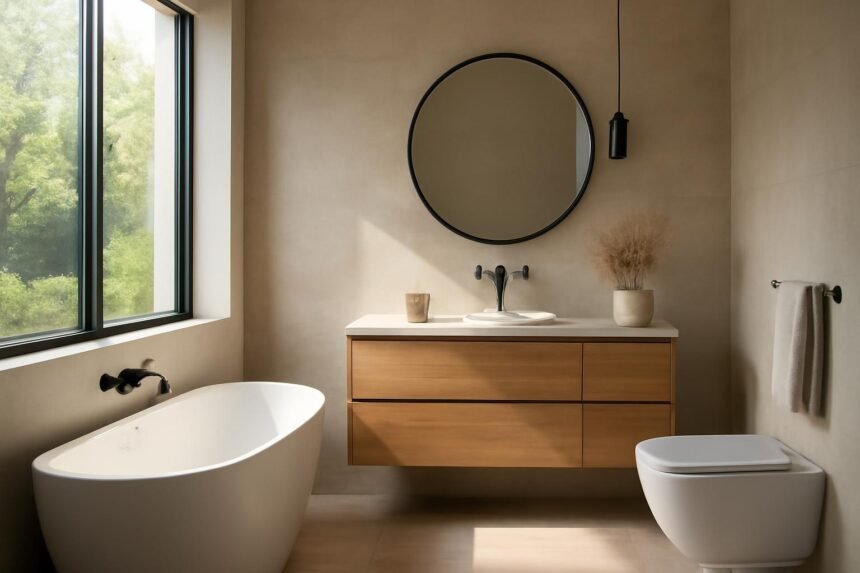 Minimal fürdőszoba, elegáns vonalak, időtálló anyagok és világos harmónia, környezetbarát megoldásokkal.