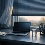 Kánikulai otthoni munka közben hűvös környezetet kereső dolgozó egy laptop előtt